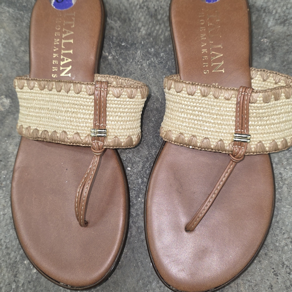 Italian Shoemakers Brown and Natural Woven Thong Sandals - Women's